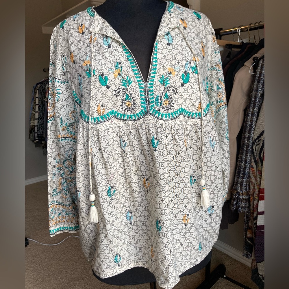 Lucky Brand cotton top with tassels, size large